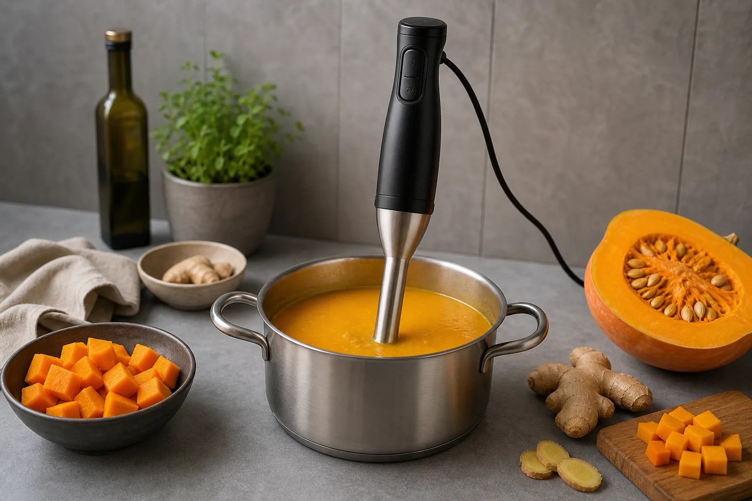 Kuerbis-Ingwer-Cremesuppe mit Stabmixer