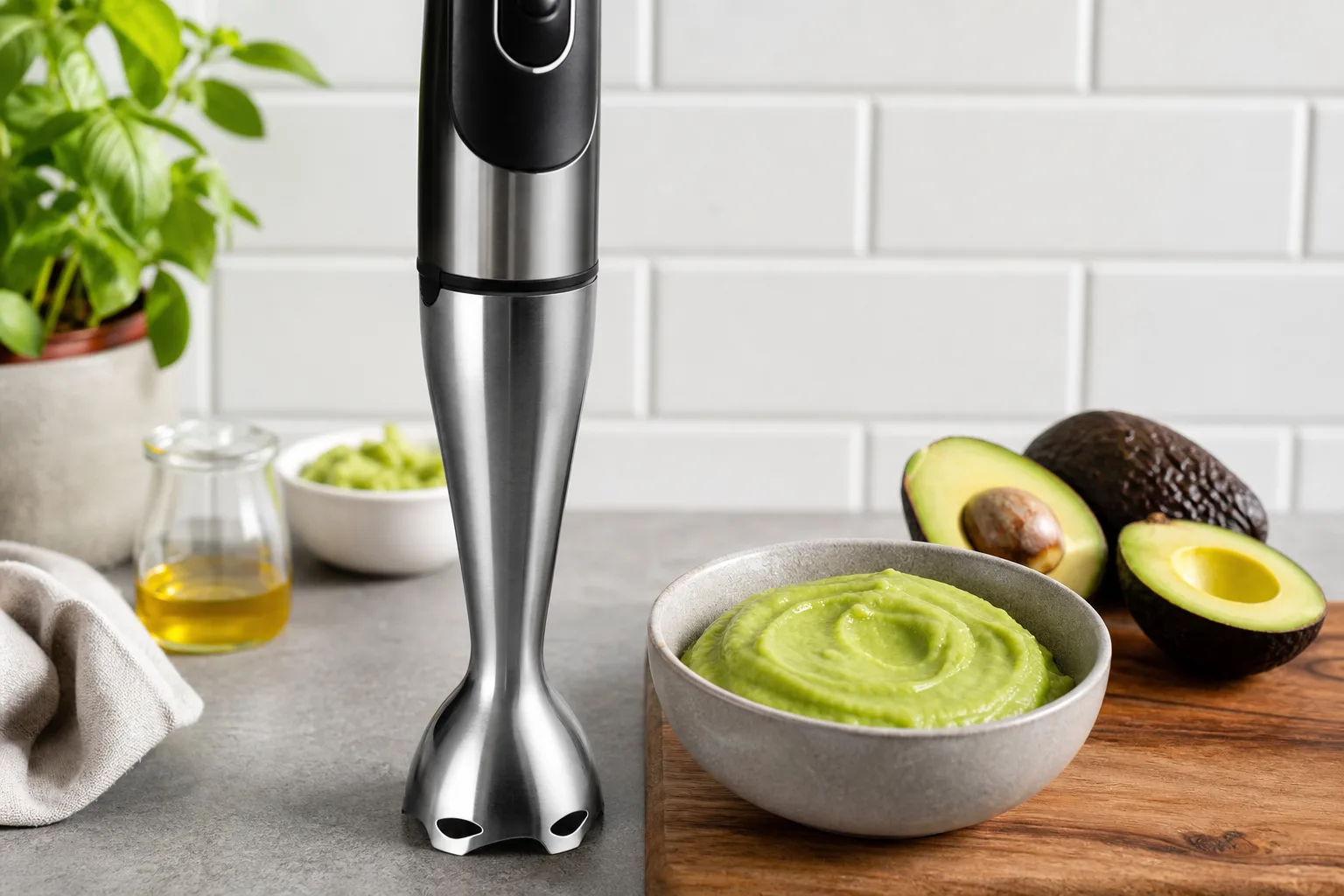 Sanftes Puerieren mit dem Stabmixer von empfindlichen Zutaten wie Avocados